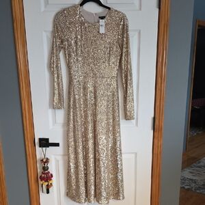 Ann Taylor Gold Sequin Long Sleeve Dress